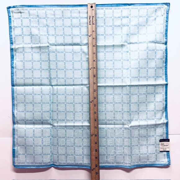 New-Tag Lg Collect CELINE Paris Mini Scarf 23" Cotton Teal Blue Logo Printed (96 - Picture 7 of 8